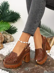 Summer Plus Size Women's Hollow Out High Heel Chunky Strap Sandals, Fashion One-Strap Buckle Backless High Heel Shoes, Classy Elevated Sandals