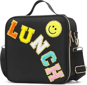 Insulated Lunch Bag Women Lunch Box  for Teen Girls Boys, Cute Preppy Lunch Boxes With Adjustable  Strap,  Nylon Lunchbox Lunch Bags for School Work Picnic (Black)