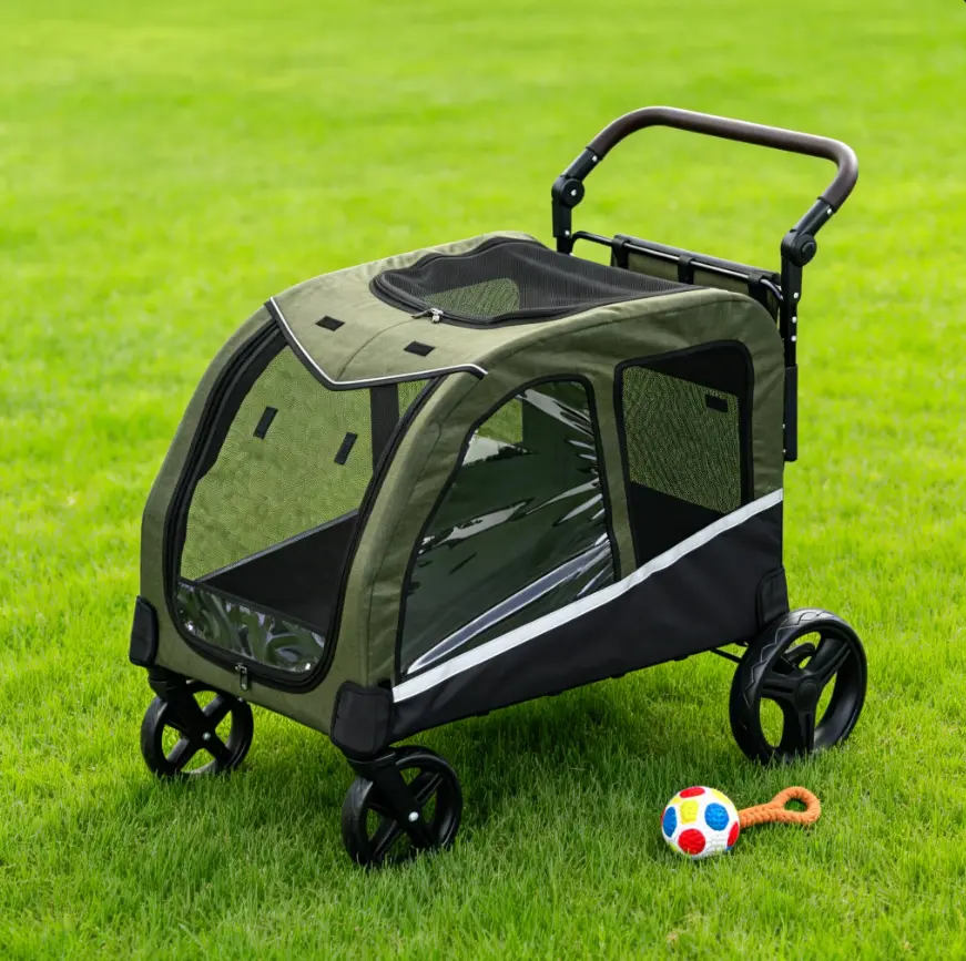 Extra Large Capacity Dog Stroller for Big Dogs Up to 130 lbs, All-Terrain Pet Wagon with 360° Wheels, Adjustable Handle, Reflective Straps, Foldable Aluminum Frame, Breathable Mesh & Storage Pocket