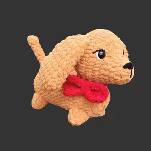 Caramel Crochet Dachshund Plush – Winnie Dog Stuffed Animal with Red Bow Collar