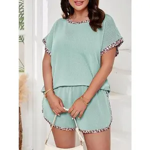 【Plus Size】Womens Ribbed Knit Lounge Set with Leopard Print Trim 2026 Summer Short Sleeve Top and Shorts Sets