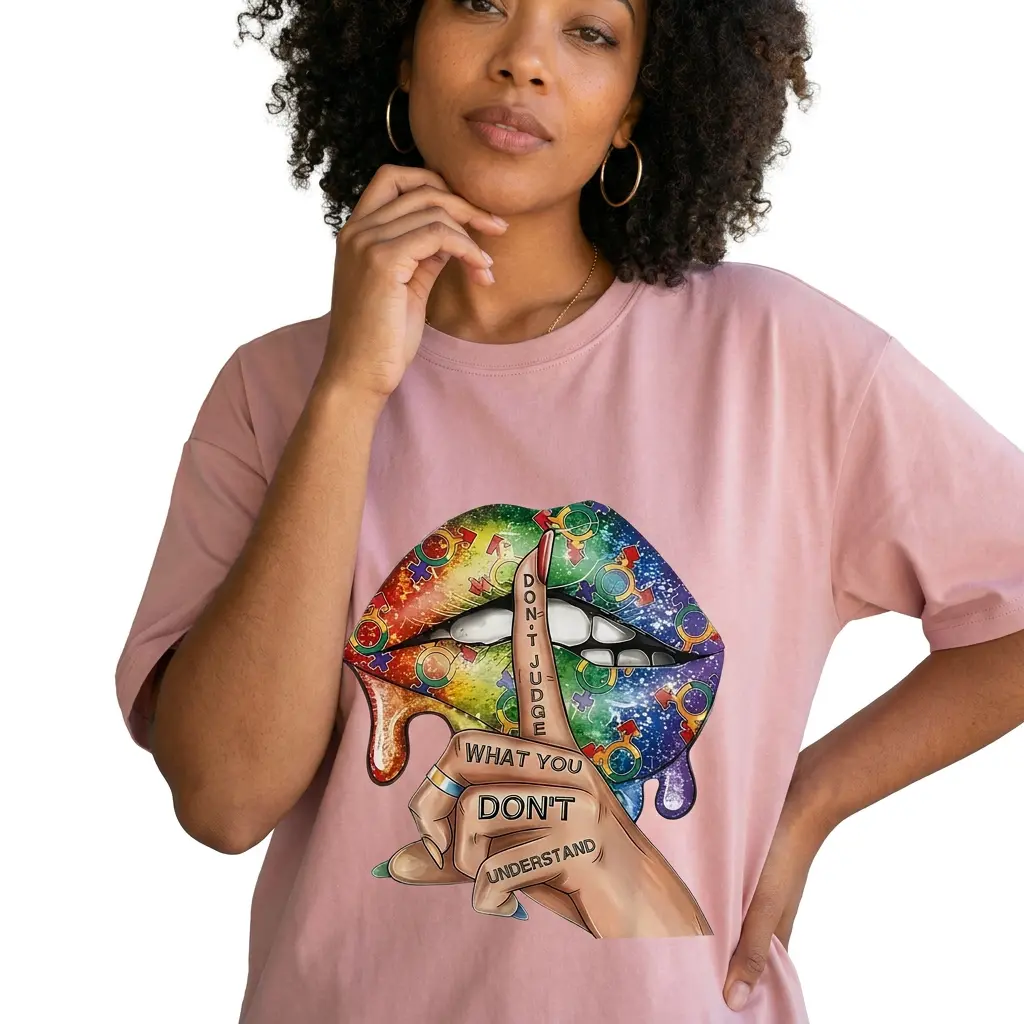 Rainbow Lips Pride Shirt Women Plus Size Don't Judge Statement Graphic Tee