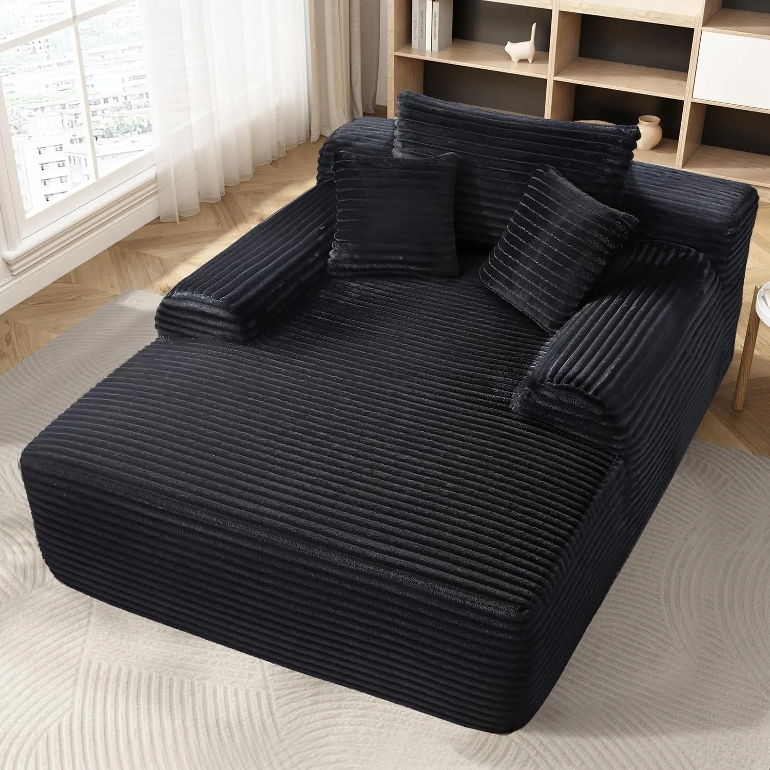 65'' Chaise Lounge Chair Indoor, Black Corduroy Sofa Bed, Boneless Lounge Chair, Oversized Sleeper Sofa, Cloud Couch Reading Chair for Living Room No Assembly