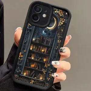 Phone case for iPhone 16 E Pro Max 15 Plus 14 13 12 11 XR XS Creative Moon Bookshelf Pattern Shockproof Silicone TPU Bumper Drop Protection Soft Cover.