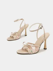Women's Ankle Strap High Heel Sandals, Summer Footwear, Nude Beige Satin Floral Embroidered Mesh Open Toe Flared Mid Heel, Comfortable Non-Slip Adjustable Buckle Bow Decor Elegant Shoes for Spring Summer Daily Date Party Wedding, EU Size 37-43