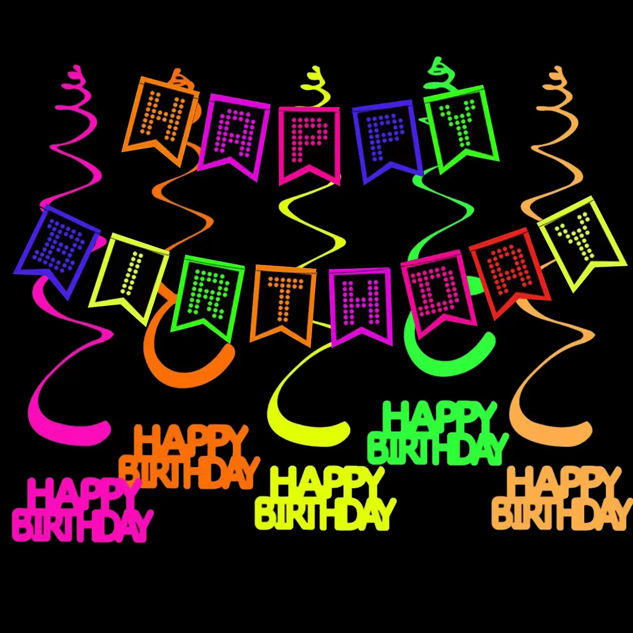 Neon Birthday Party Decorations, UV Neon Happy Birthday Banner, Black Light UV Hanging Swirl, Black Light Compatible, Glow In The Dark Party Decoration For Birthday, Disco Theme Parties, Bars & Home, Party Decorations Banners
