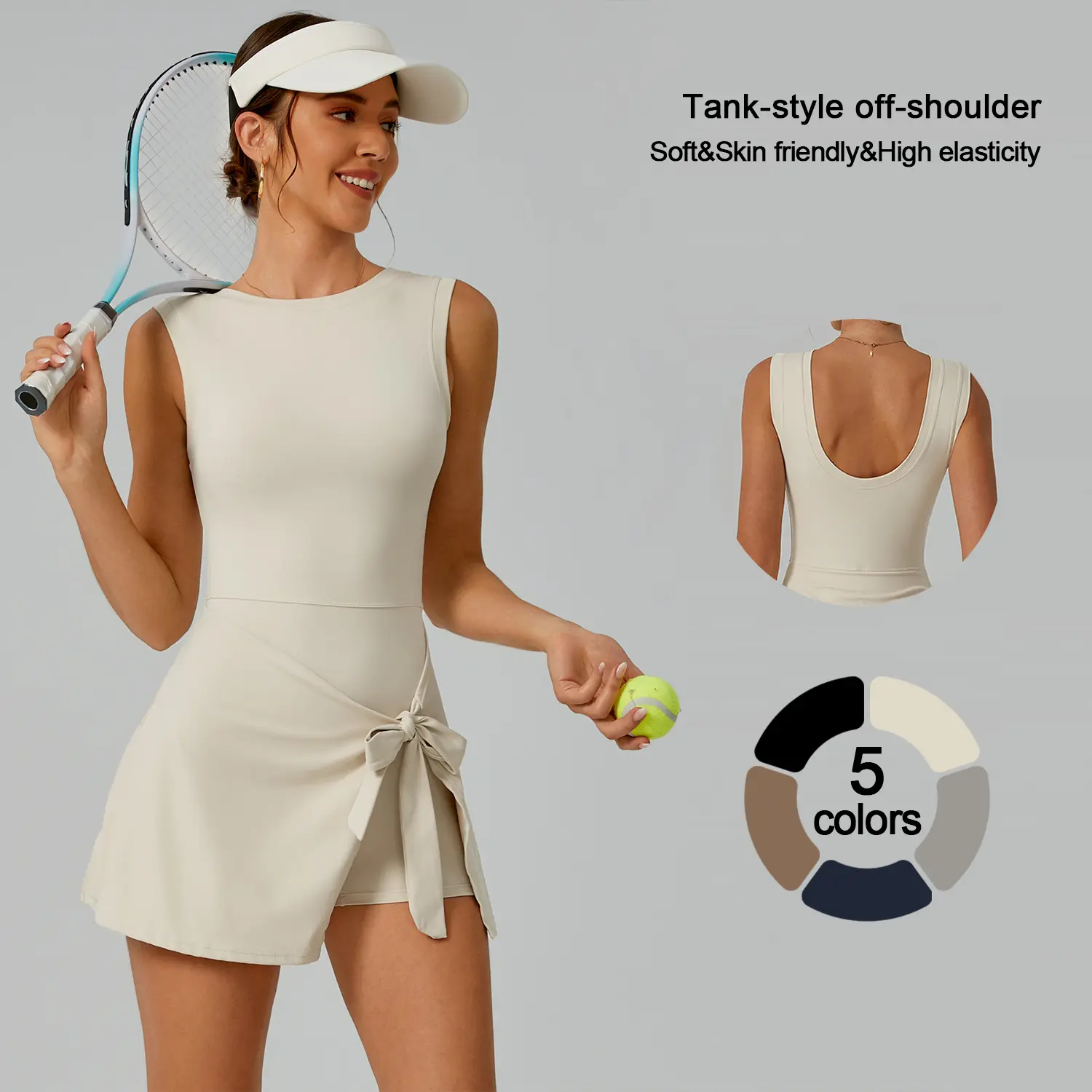 TIMEOFF Women's Off-Shoulder U-Back Workout Dress - Sleeveless, Side-Tie, Built-In Shorts, Soft Stretchy Skin-Friendly Fabric, Ideal for Gym, Yoga Stretch (Sports Sleeveless Dress with Built-In Shorts), Active Dress