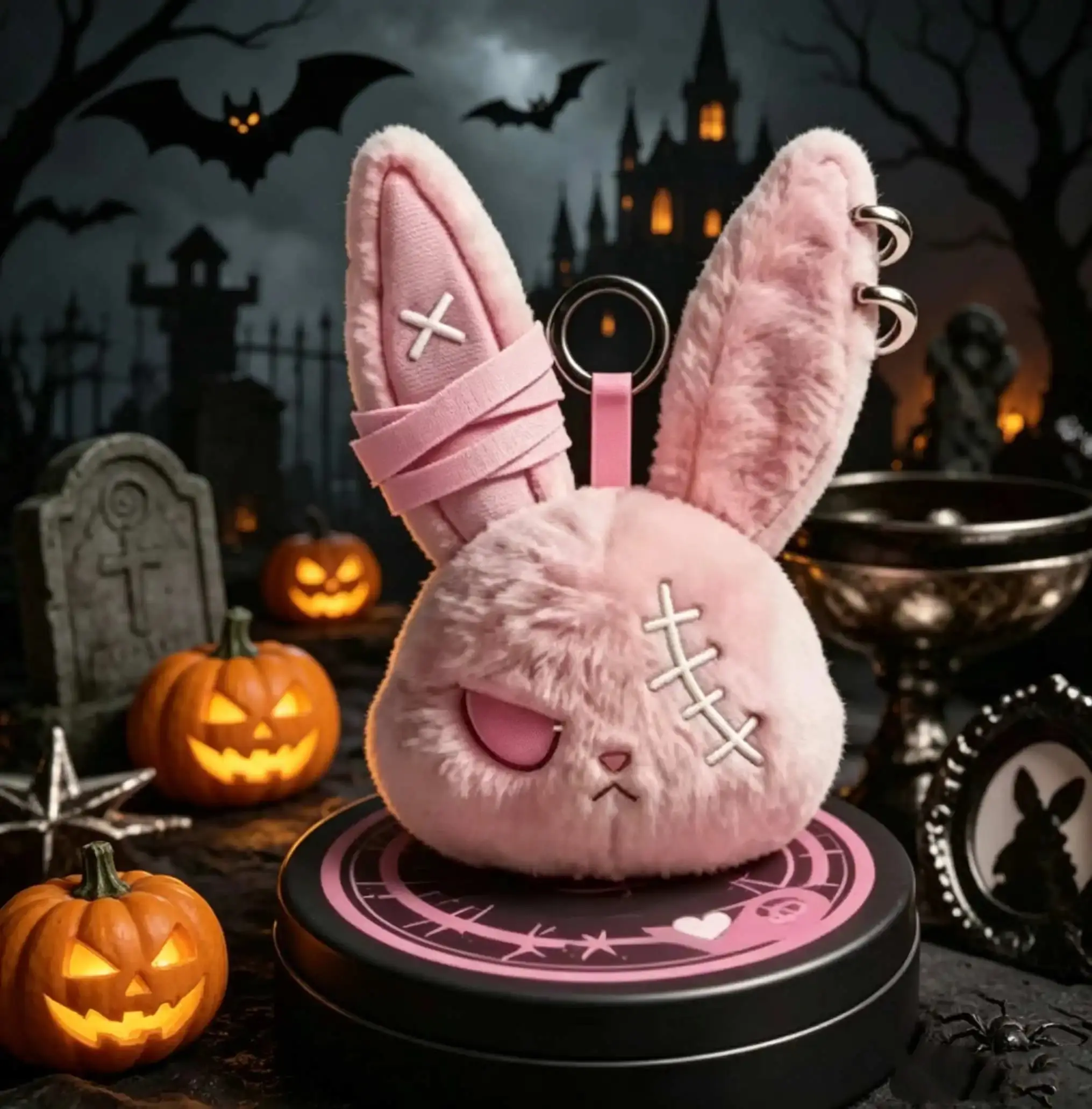 Halloween Bunny Plush Keychain RabbitBag Charm with Bandage Desian Kawaii Key Ring Pendant Car Bag Ornament Gift