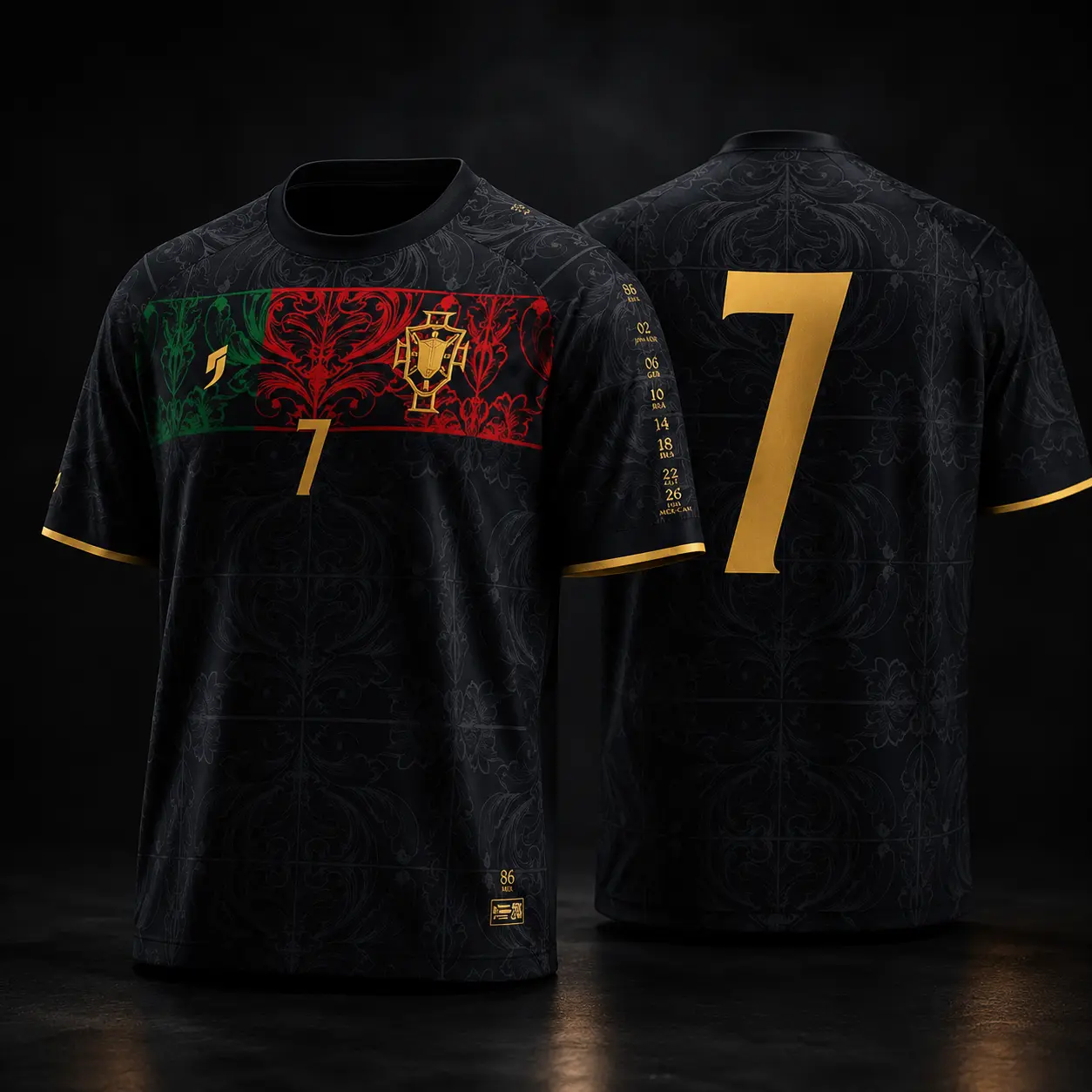 Portugal-Inspired Black Soccer Jersey Shirt, Number 7 Front & Back Fan Football Top, Heritage Sleeve Detail, Lightweight Sports Apparel for Watch Parties, Football Jerseys