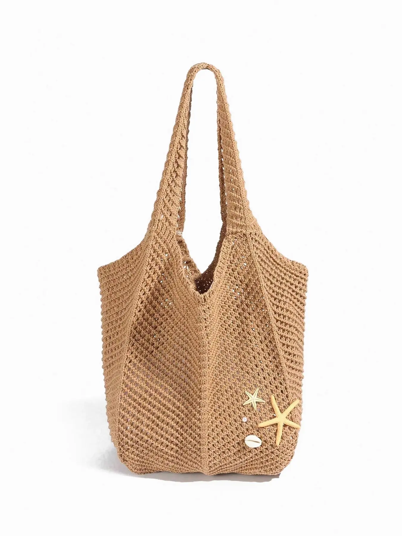 Vacation style practical texture hollow hook woven tote bag, starfish shell decoration design, lazy style large capacity retro simple shoulder bag, seaside travel, Summer Bags