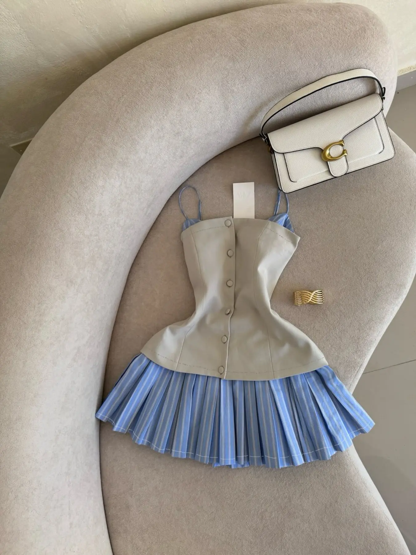 Women's Preppy Faux Two-Piece Mini Dress, Spaghetti Strap Dress with Blue White Striped, Colorblock Sundress for Date Night