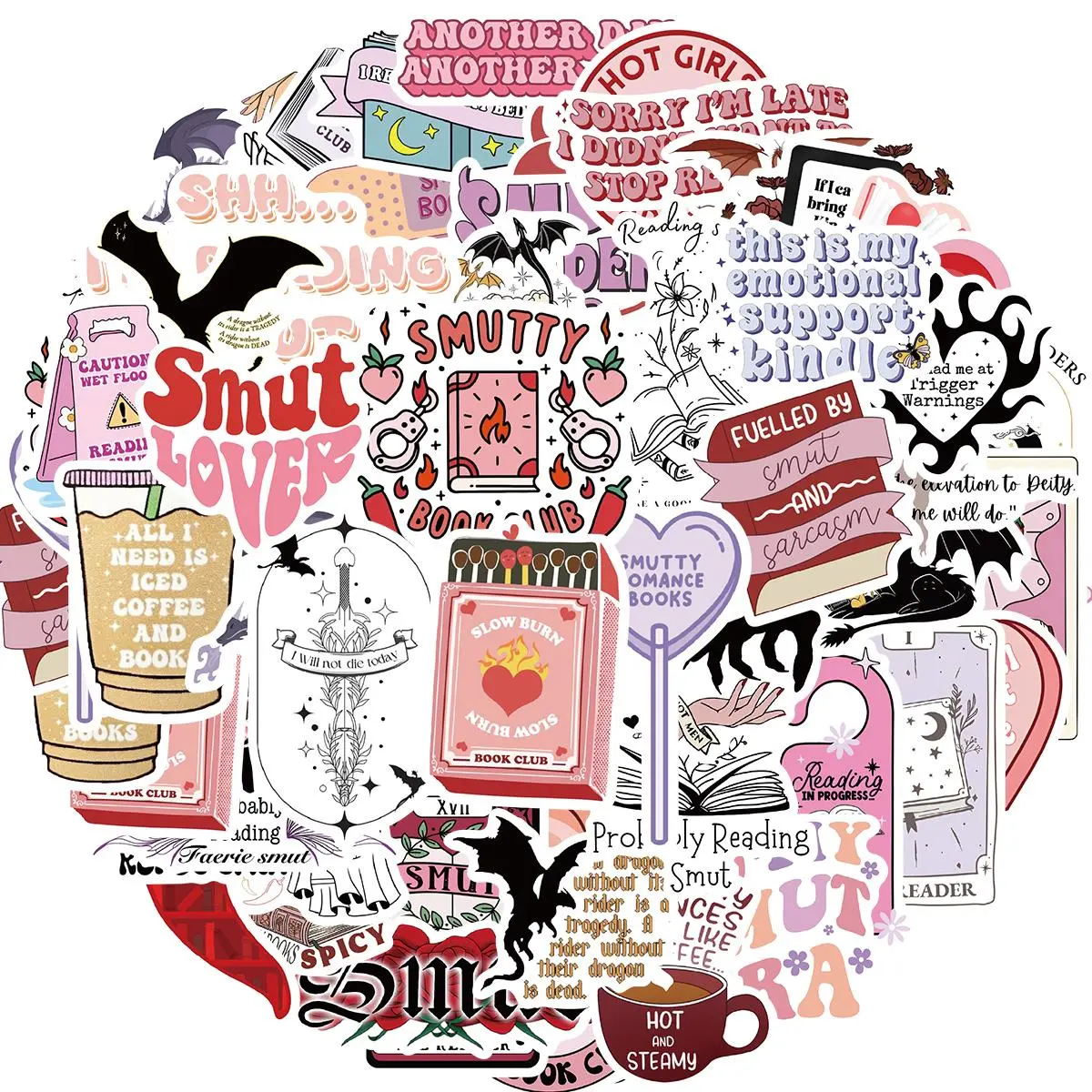 Smutty Book Sticker, 52pcs/set Romance Bookish Smut Reading Booktok Dark Romance Case Journal Water Bottle Sticker, Funny Aesthetic Pink Laptop Phone Decal