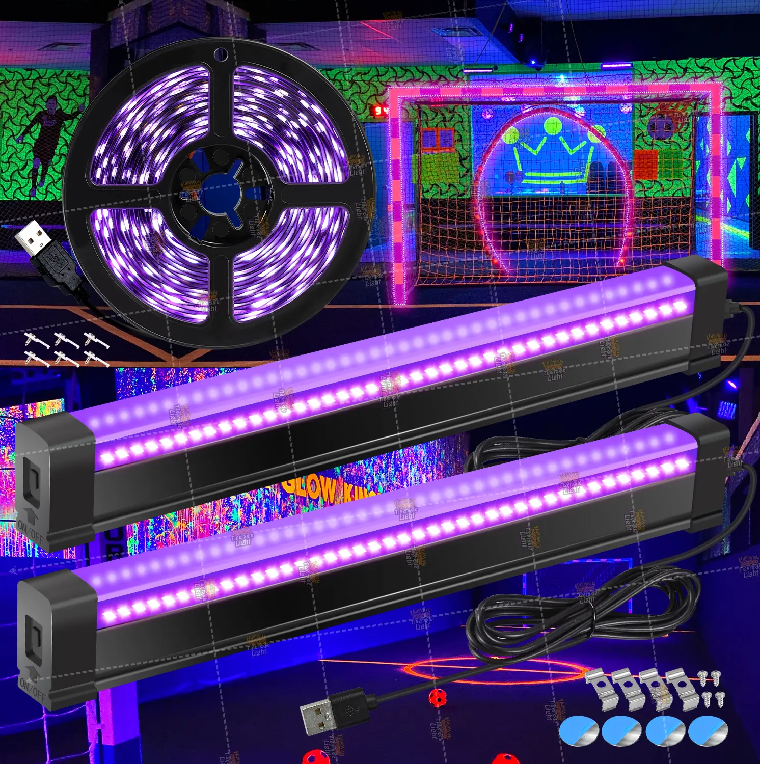 LED Black Light Combination Set: 1 Pack 2.5M/8.2ft Strip, 2 Packs 32cm/12.6inch Magnetic Bars, DC 5V USB Powered, for Halloween Glow Parties, Tapestry, Body Paint, Artwork, Game Room, Doll/Vaseline Glass Cabinet Display, Fluorescent Paint DIY Design, Holi
