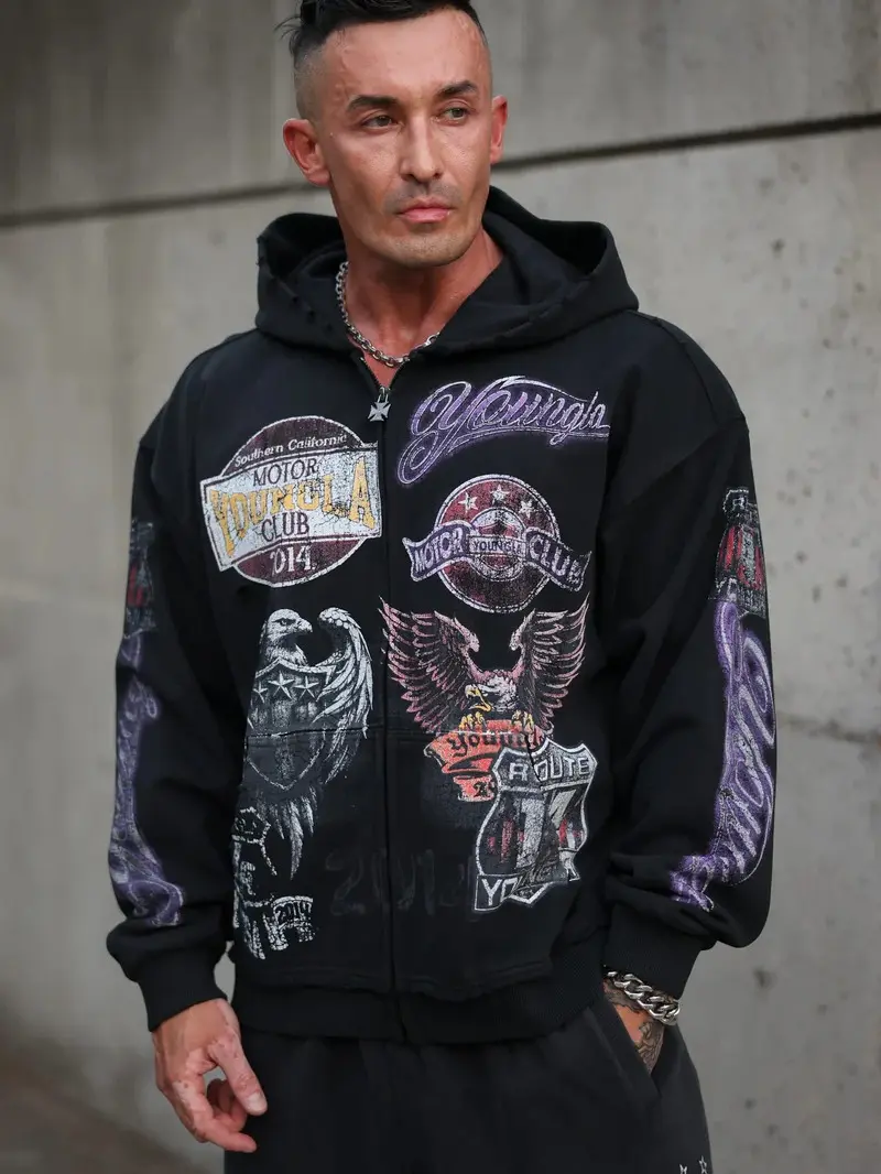 Youngla Moto Eagle Zip Hoodie – Vintage Hip Hop Biker Streetwear Sweatshirt, Y2K Motorcycle Graphic Full Zip Hooded Jacket, Retro Casual Fashion Top for Men Women, Gift for Streetwear Lovers