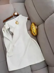 Unique Women's Knit Asymmetrical One-Shoulder Fitted Dress with Tie Bow, Slim Fit Short Dress for Daily Wear, Fashionable and Stylish Design