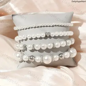 4PCS Pearl Stackable Bracelet Set for Women Simple Versatile