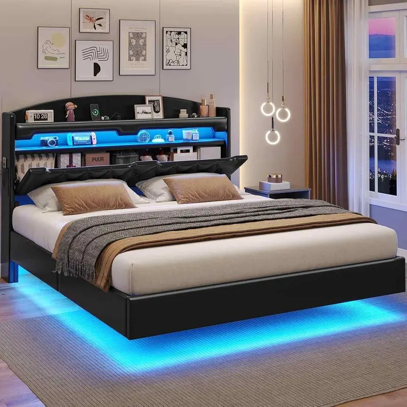 SIKAIC Queen Size Modern PU Leather Upholstered Durable Platform Bed Frame - Floating Metal Bed Frame with Color Changing RGB Lighting, USB Port Charging Station, Storage, Space-Saving Indoor Furniture (Assembly Required)