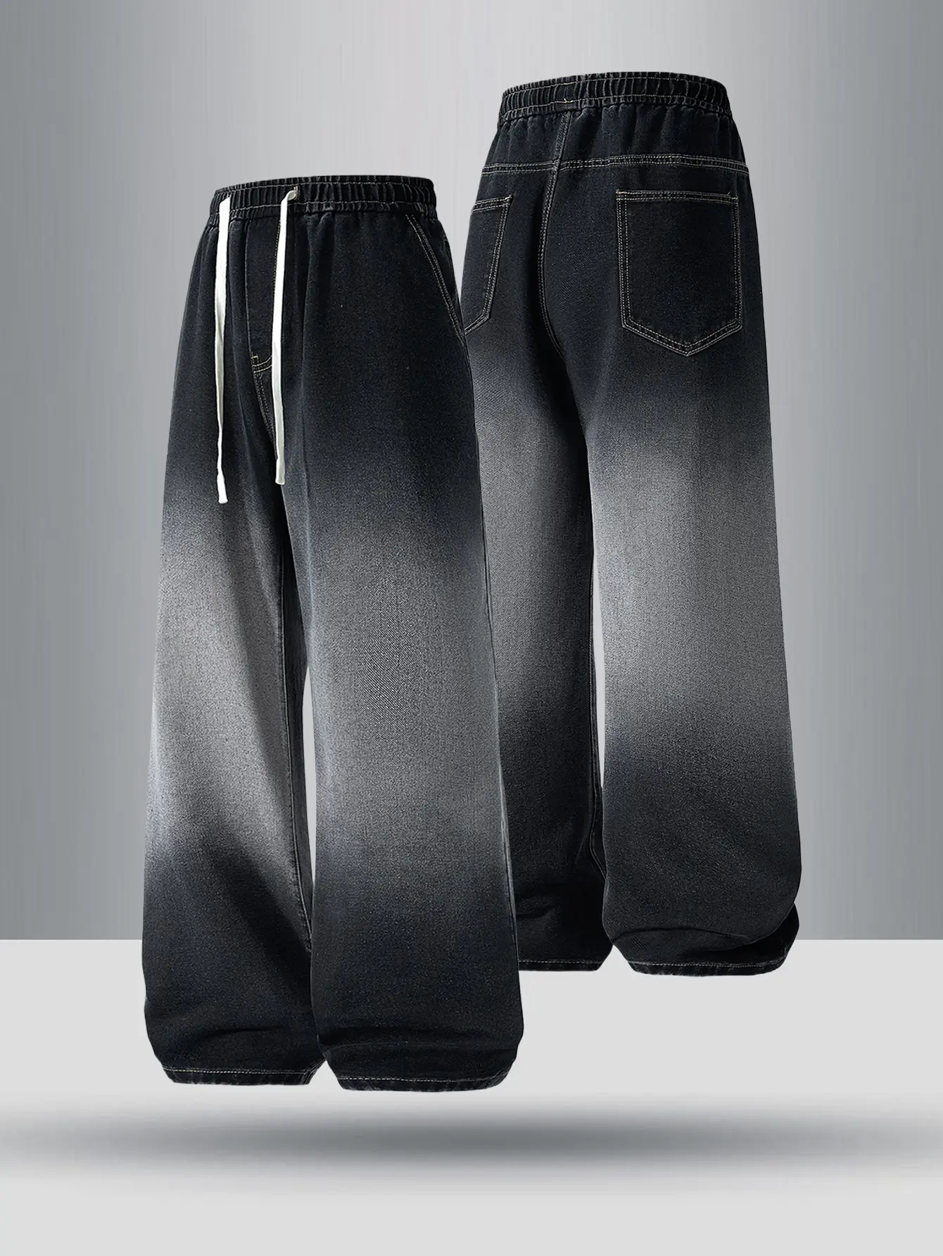 Men’s denim wide-leg pants, relaxed fit, fleece-lined design, adjustable waistband, comfortable and versatile, suitable for casual attire, stylish long pants/loose straight-leg pants. Durable fabric.
