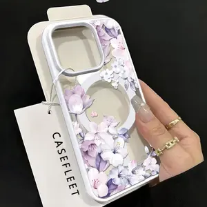 GlamCase Crystal Clear MagSafe Phone Case for iPhone 15 Pro Women's Purple Flowers TPU Anti-Yellowing Military-Grade Drop Proof Local Smartphone e4
