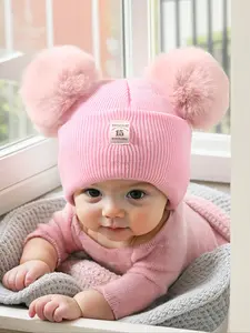 Double Ball Knit Hat for Kids Aged 3-12, Casual Style Newborn Beanie, Toddler Beanie, Outdoor Warm Winter Cap, Daily Commute Essential, Knitted Winter Hat