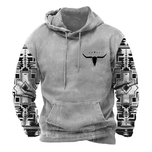 Men's Aztec Hoodie Western Cowboy Hooded Sweatshirt Warm Loose Casual Long Sleeve Drawstring with Pockets Menswear Animal Jeans Joggers Tops Pullover