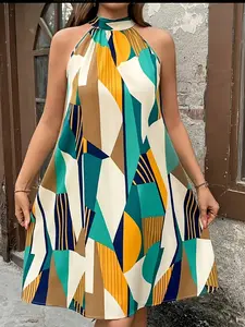 Plus Size Fashion Women's Lady Geometric Print Off-Shoulder Sleeveless Dress Womenswear, Casual Summer Fashion, Elegant A-Line Design, Perfect for Daily Wear