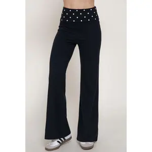 Dot Print Fold Over Waist Band Yoga Flare Pants