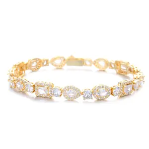 Women's Luxury Golden Tennis Bracelet - Mixed Pear, Oval, Emerald Cut CZ Links, Sparkly Look Artificial Gemstone Jewelry, Ideal Wedding Gift