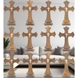 Rustic Wooden Standing Crosses for Home Decor - 9 Inch Natural Brown Wood Tabletop Cross - Church Baptism Centerpiece - Prayer Gifts for Religious Events - Handcrafted Wooden Cross Decor custom  wedding  keepsake wooden board vintage home decor usb rechar