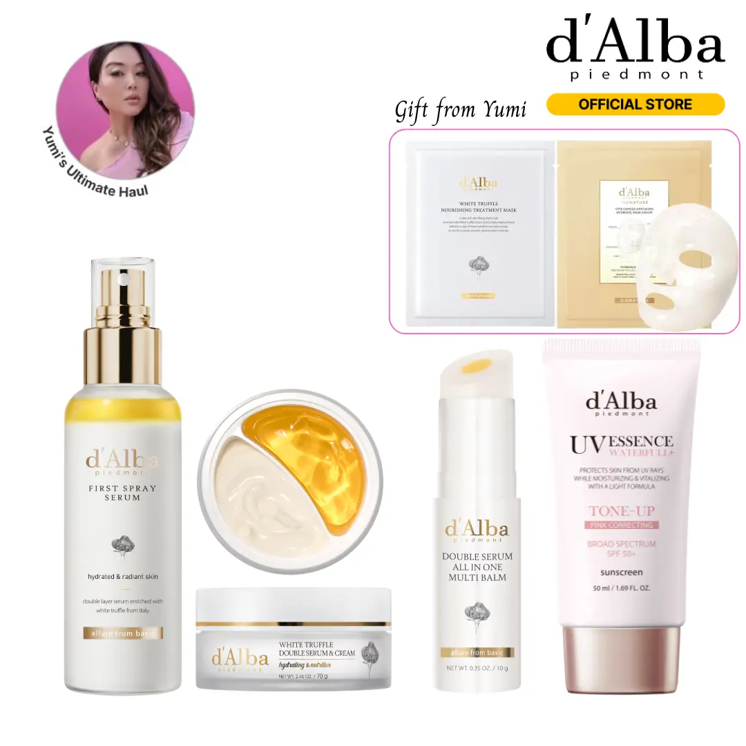 [OFFICIAL d'Alba] kbeautymom Yumi's Glowup Set -White Truffle First Spray 3.38fl oz + White Truffle Double Serum & Cream 2.46 oz + White Truffle Double Serum All-in-one Multi Balm + White Truffle Waterfull Tone Up Sunscreen 1.69 fl oz