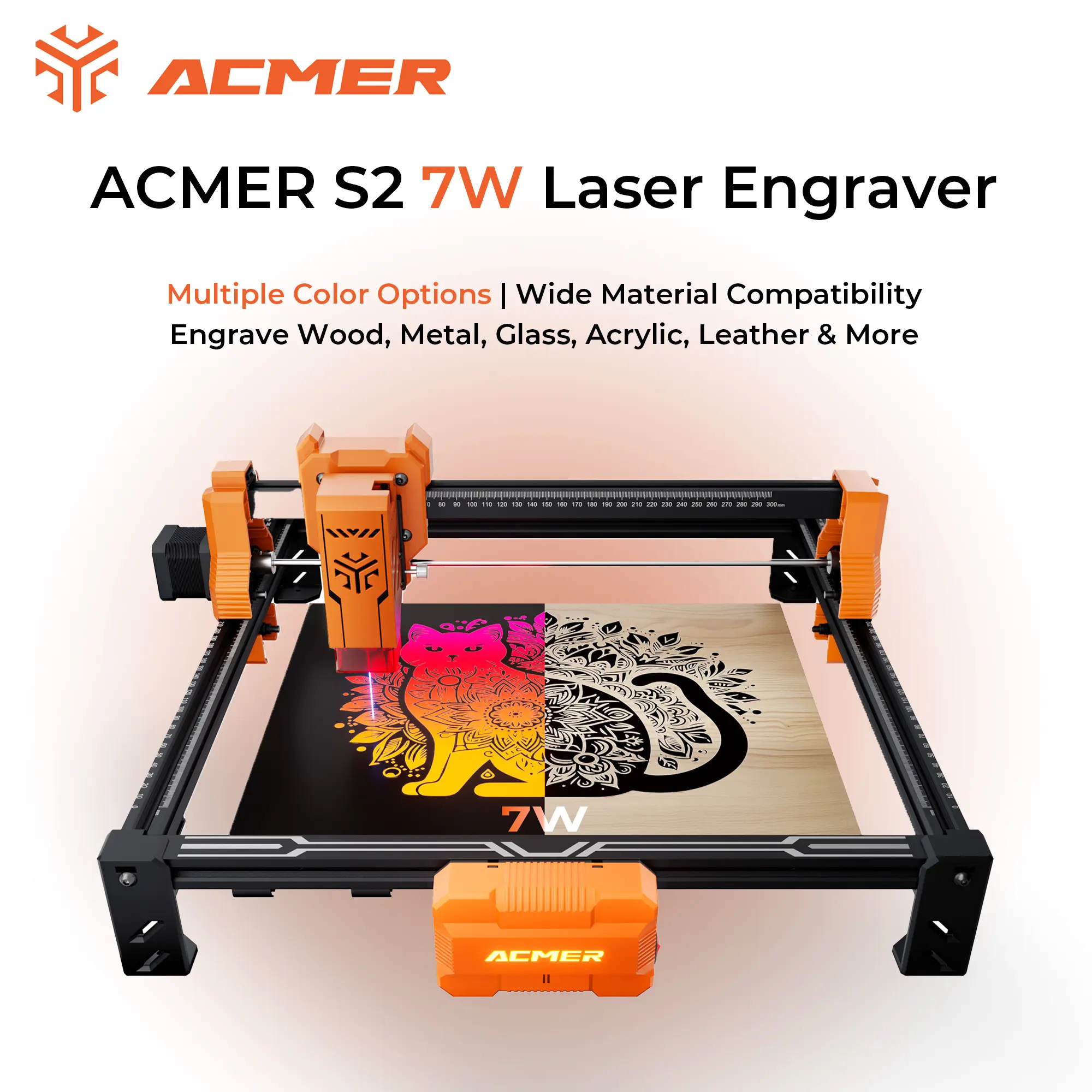 ACMER S2 7W Laser Engraver & Cutter | 300×300mm Large Work Area | Wood, Acrylic, Leather & Ceramic | DIY & Small Business Tool