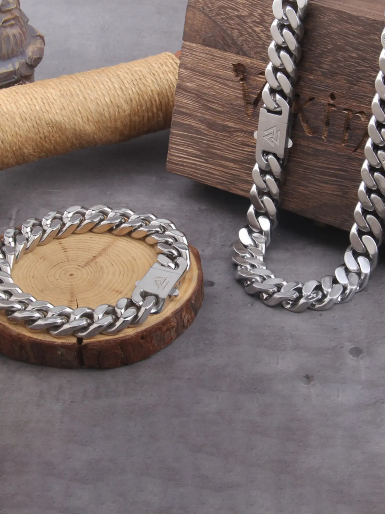 10mm Viking Style Retro Stainless Steel Bracelet Necklace Set, Punk Hip Hop Fashion Jewelry, Party Accessory, Gift for All Occasions, Trendy Jewelry Set