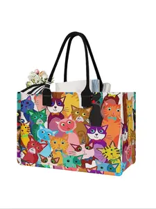 Large Capacity Cat Print Storage Bag, Tote Bag, Durable Shopping Totes, Durable Handles, Space-Saving Multi-Purpose Organizer for School Travel Shopping, Unique Bags