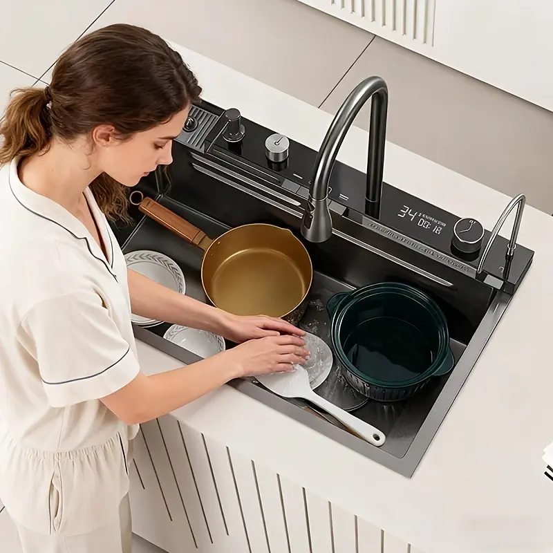 75×45cm Large Adjustable Black Metal Smart Kitchen Sink - Digital Temp Display, Honeycomb Scratch-Resistant Surface, Waterfall Faucet, Food Prep Workstation Combo with Cutting Board, Cup Washer, Ambient Lighting & All Accessories