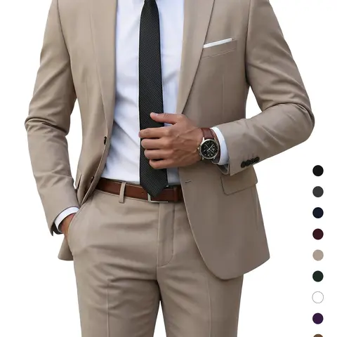 YND Men's Formal 2-Piece Suit Set - Classic Fit, 2-Button Long Sleeve Plain Tie Strap Tuxedo Jacket & Pants, Mens Clothing, Office Workwear, Evening Party Outfit,sohochic