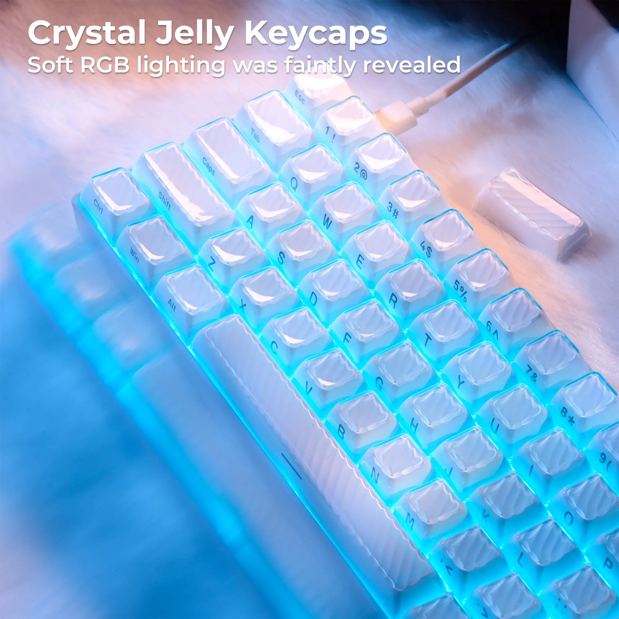 XVX Magic Wave Series White/Pink/Blue TransparentOEM Profile Side-Print Crystal Ice-Cube 136-Key Keycap Set for Mx Switches, Gaming Setup （only keycap, not include a keyboard）