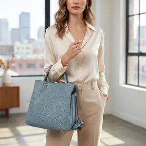 Women's Elegant Rose Embossed Top Handle Bag Faux Leather Crossbody Purse