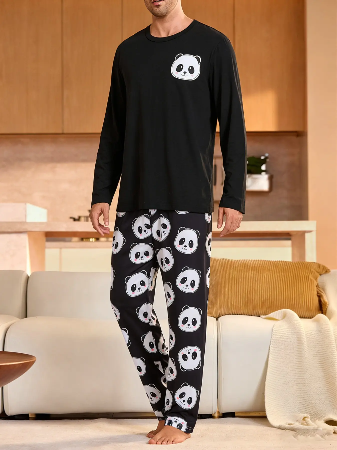 2-piece men's black background full body cartoon panda head printed long sleeved pants with soft and comfortable round neck design and elastic waistband suitable for all seasons of home, casual wear, men's pajamas Pajama Set