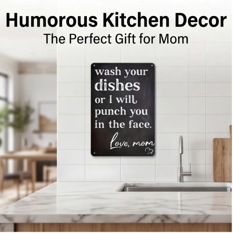 Funny 'Wash Your Dishes Or I'Ll Punch You In The Face' Metal Tin Sign 8"X12" - Waterproof, Weather-Resistant, Matte Finish, Perfect For Kitchen & Home Decoration, Cute Gift For Mom,Sarcastic Love Mom Quote Wall Decor