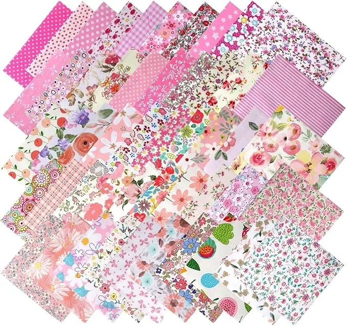 50PCS Floral Cotton Fabric Squares Random Style - Pre-Cut 5x5 Inch Pink Fabric Quilting Squares for Sewing,Charm Packs for Quilting Assorted Patterns