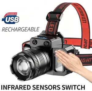 New retractable zoomable motion-sensor headlamp, COB side light, high-brightness headlamp, outdoor fishing and camping headlamp, portable USB rechargeable headlamp, fishing light, camping light, hands-free hiking flashlight, adjustable angle, 5 lighting m