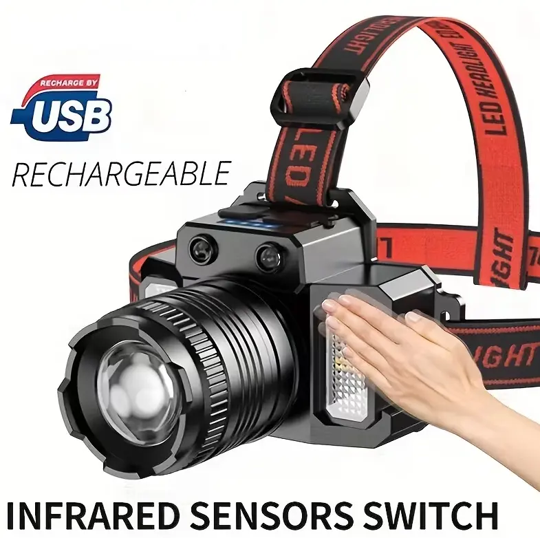 New retractable zoomable motion-sensor headlamp, COB side light, high-brightness headlamp, outdoor fishing and camping headlamp, portable USB rechargeable headlamp, fishing light, camping light, hands-free hiking flashlight, adjustable angle, 5 lighting m