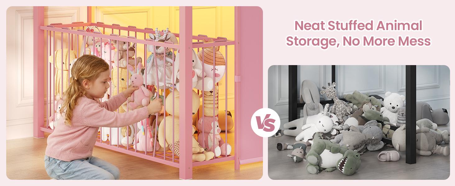 Modern Rectangular Twin Low Metal Loft Bed - Bedroom Furniture with 6 Drawers, LED Lights, Stuffed Animal Storage, 13” Safety Guardrail, Inclined Ladder, Play Curtain, Under-Bed Play Space, Pink