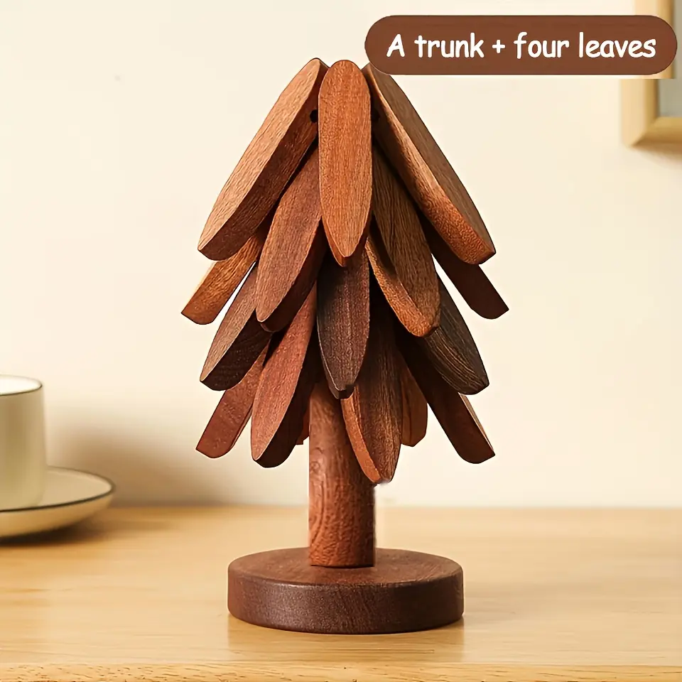 1 Set 4pcs Walnut  Leaves "Insulating Tree", Solid Wood Heat Insulation Mat, High-Temperature Resistant Table Mat, Solid Wood "Christmas Tree", Pot Mat Cup Mat Dutch Oven Mat, Tree-Shaped Design Home Heat-Resistant Table Mat Premium Cup Coaster Tableware