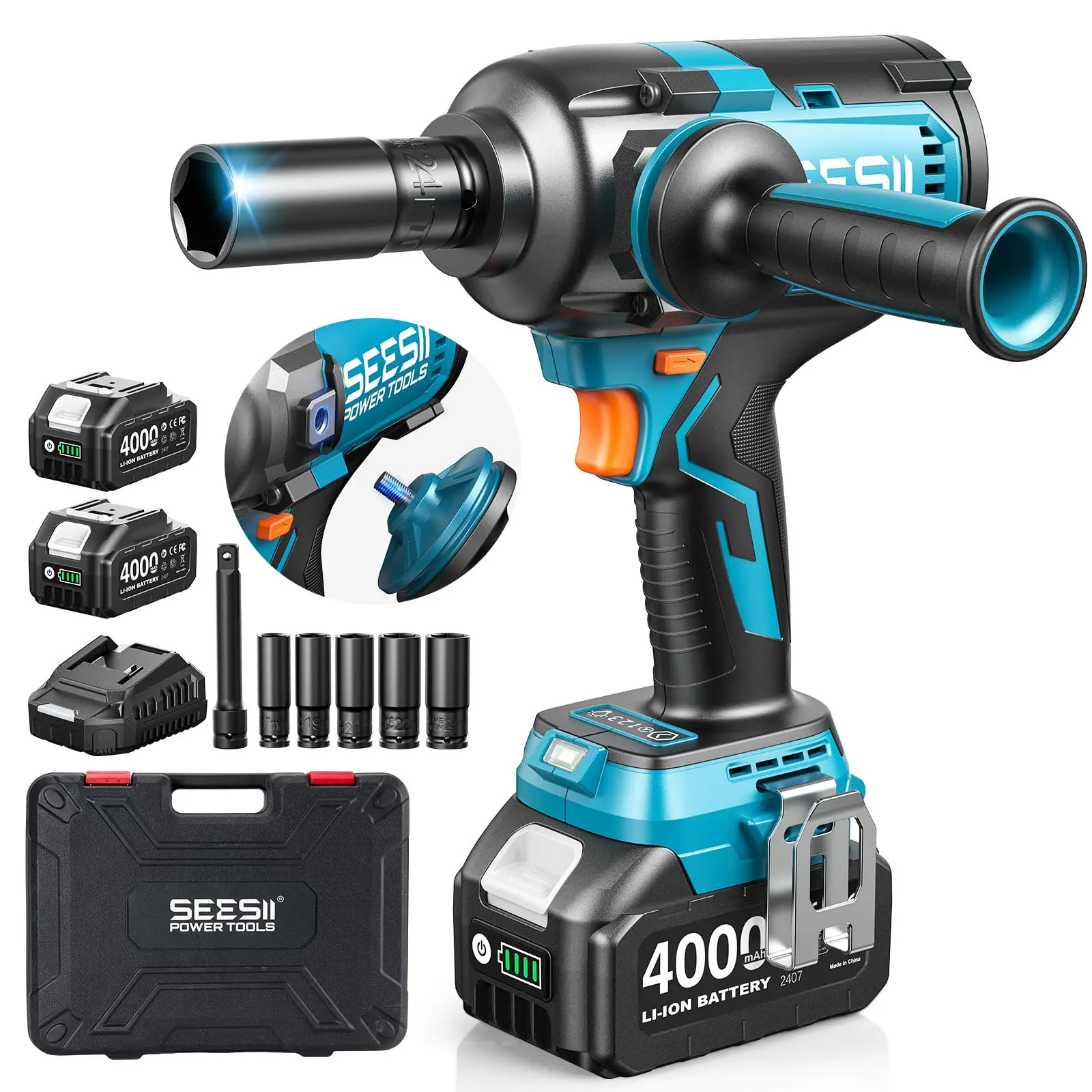 SEESII Upgraded Electric Impact Wrench Detachable Handle - 1180 Ft-lbs (1600 N·m) 1/2" High-Torque, 21V Cordless + 2x 4.0Ah Batteries | for Car/Truck/Mower/Industrial Tasks,WH12 Ultra Pro DealsForYouDays