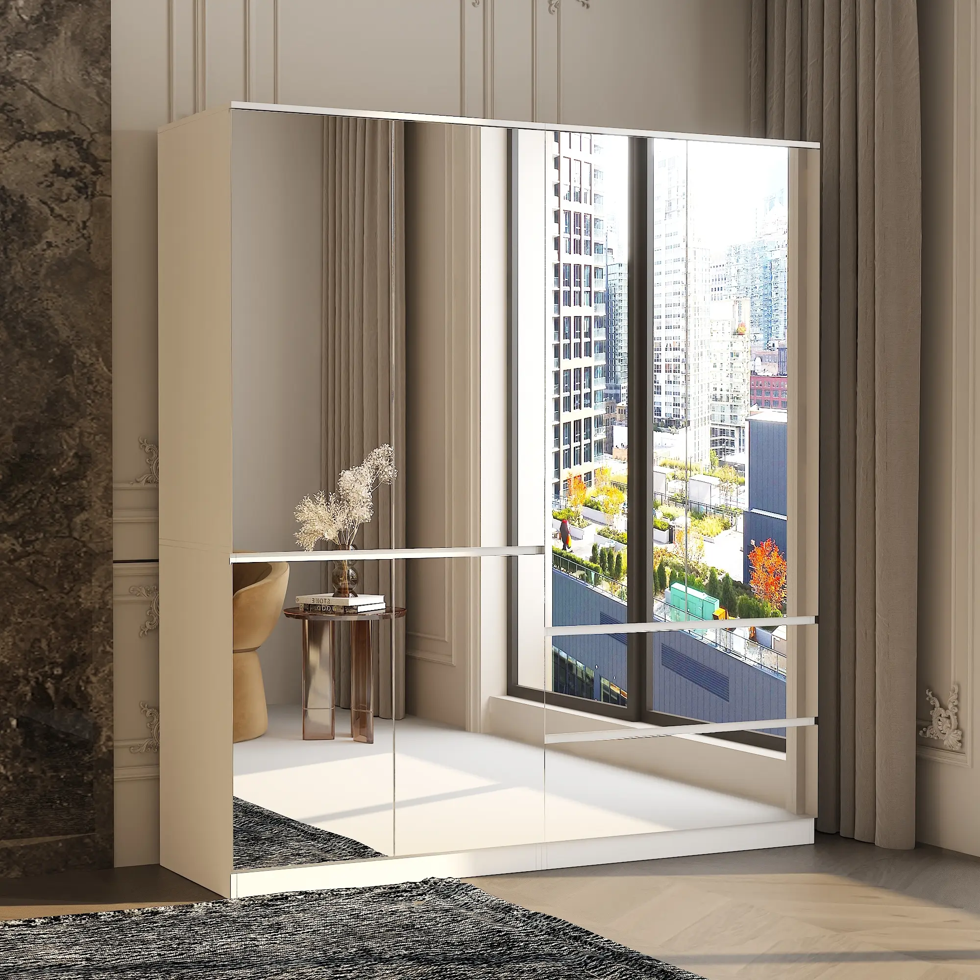 6-Door Wooden Armoire with Full-Length Mirror & Hanging Rod - Space-Saving Closet Organizer for Bedroom/Apartment Storage