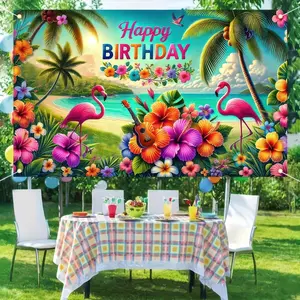 Hawaiian Birthday Banner, 2D Flat Banner 1pc, Tropical Backdrop Luau Banner, Beach Theme Background, No Power Needed, Party Decor