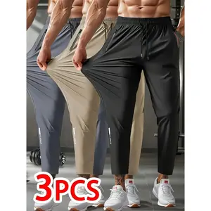 3pcs Men's Ice Silky Fiber Joggers - Breathable, Stretchy Athletic Pants with Zippered Pockets for Running, Fitness & Outdoor Activities (Black, Gray, Khaki), Running Gear |   Casual Sportswear |   High Elasticity