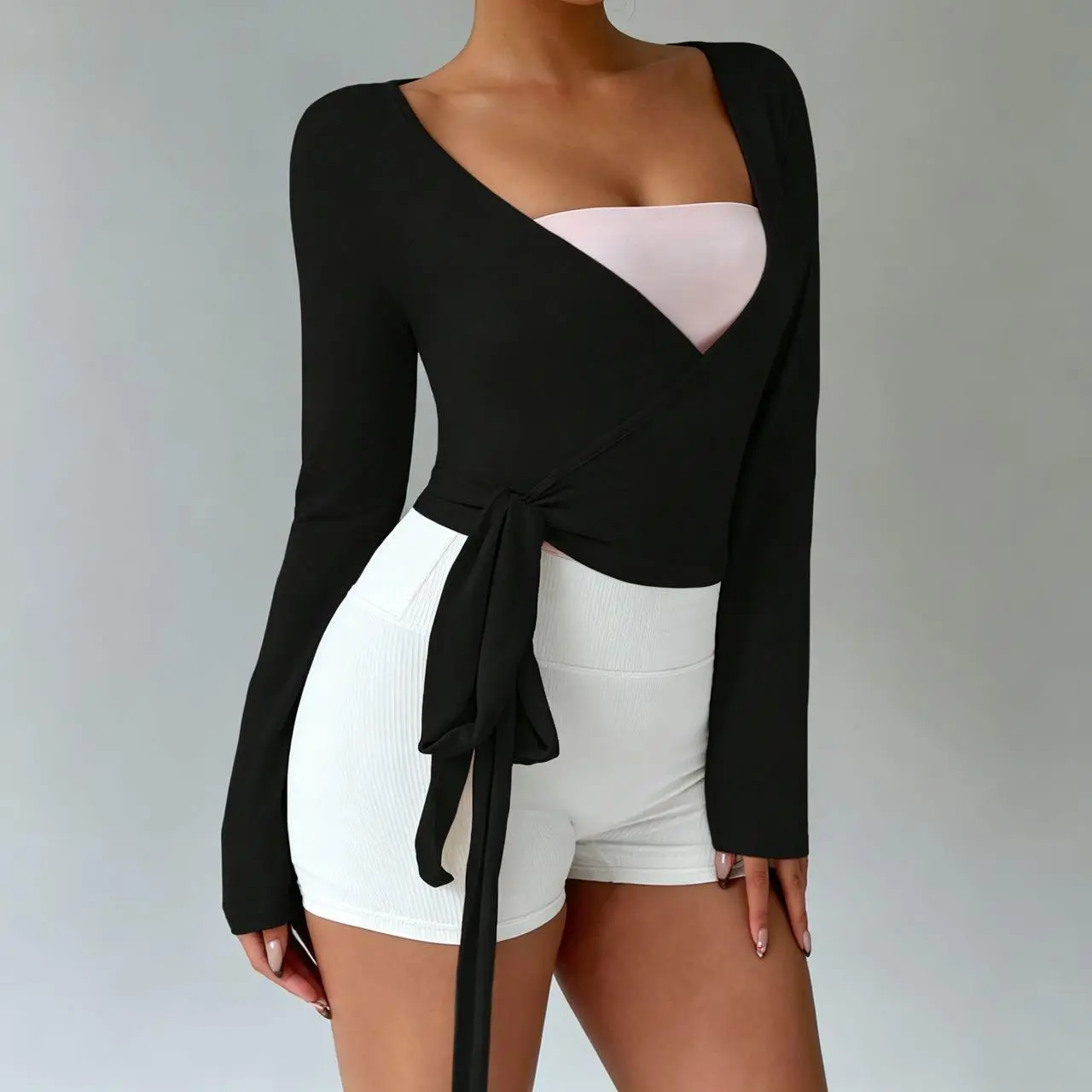 Lunvique Ballet Wrap Tie Crop Top Long Sleeve Y2K Deep V Neck Cross Front Shirt for Women Yoga Pilates Dance Active Wear Activewear Clothing Fashion Gym Top