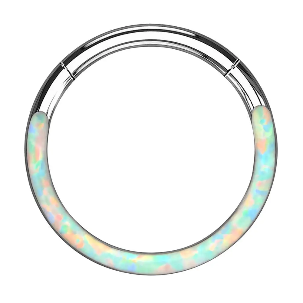 OUFER White and Blue Opal Septum Ring, 16G 316L Stainless Steel Hinged Segment Hoop Body Piercing Jewelry, Septum Piercing